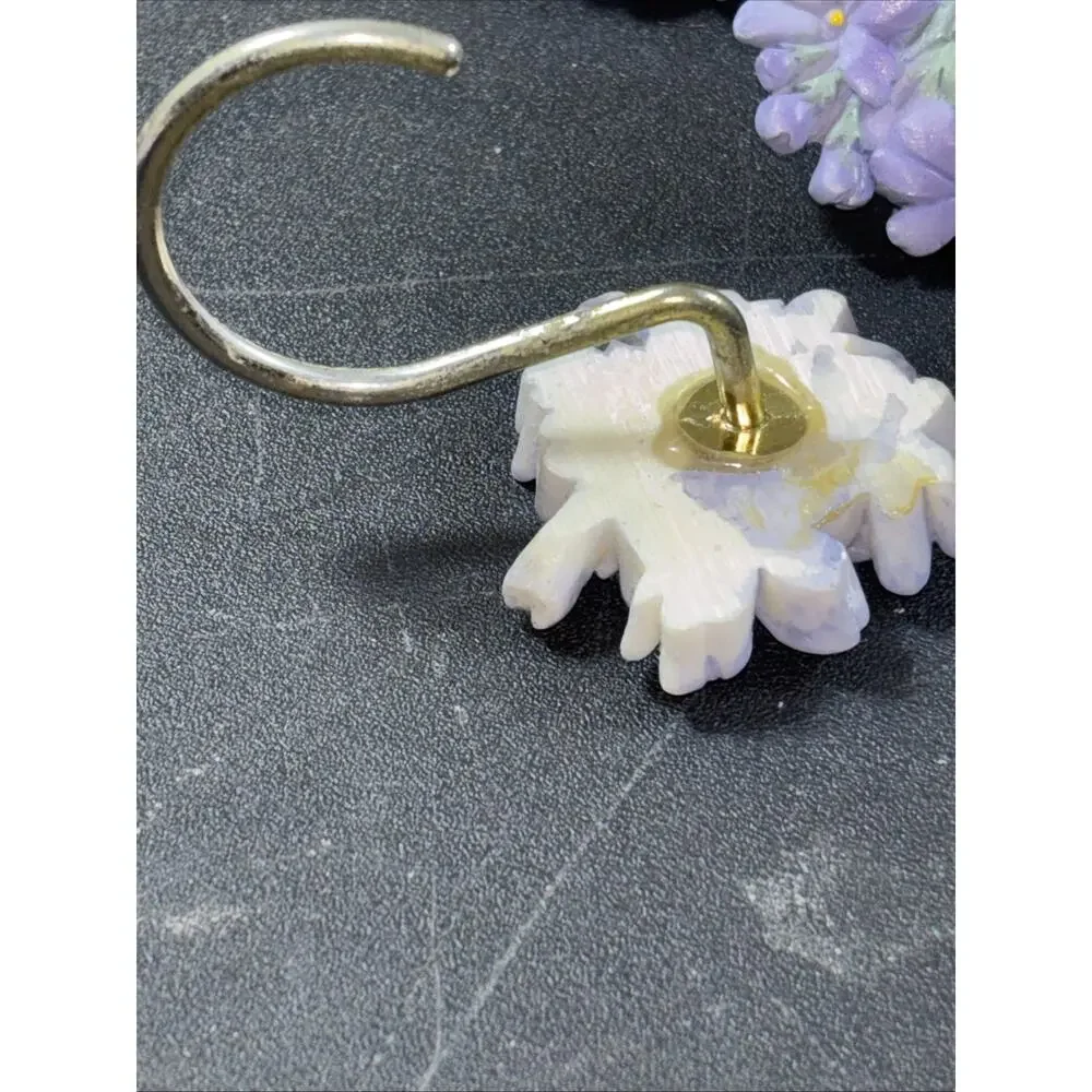 12pk Purple Flower Floral Shower Curtain Rings Metal Resin Gold Hooks